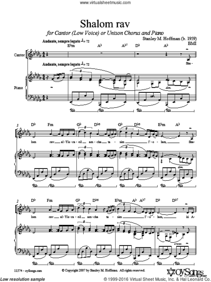 Shalom Rav sheet music for choir (Unison) by Stanley Hoffman, intermediate skill level