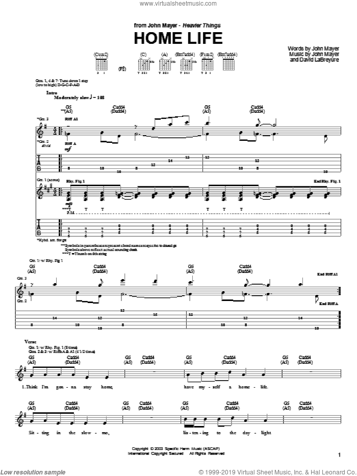 Home Life sheet music for guitar (tablature) by John Mayer and David LaBruyere, intermediate skill level