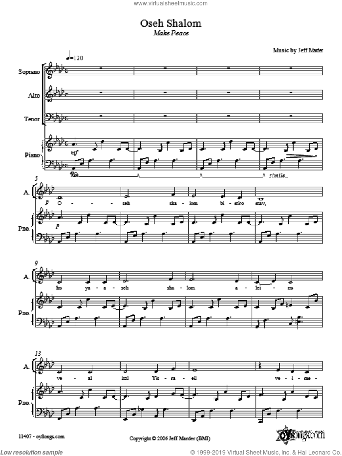 Oseh Shalom sheet music for choir (SAT: soprano, alto, tenor) by Jeff Marder, intermediate skill level