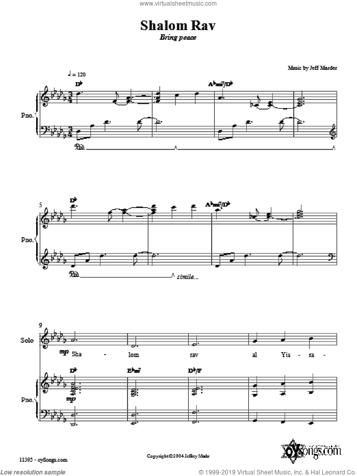 Shalom Rav sheet music for choir (SAT: soprano, alto, tenor) by Jeff Marder, intermediate skill level