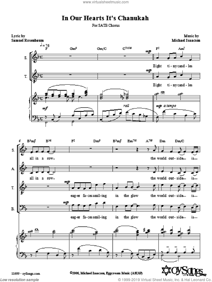 In Our Hearts It's Chanukah sheet music for choir (SATB: soprano, alto, tenor, bass) by Michael Isaacson and Samuel Rosenbaum, intermediate skill level
