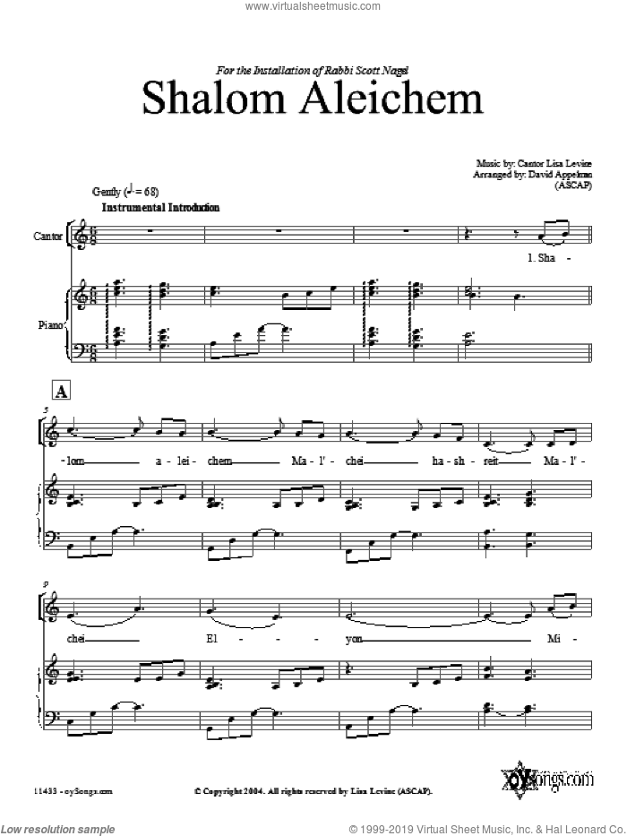 Shalom Aleichem sheet music for choir (SATB: soprano, alto, tenor, bass) by David Appelman and Lisa Levine, intermediate skill level