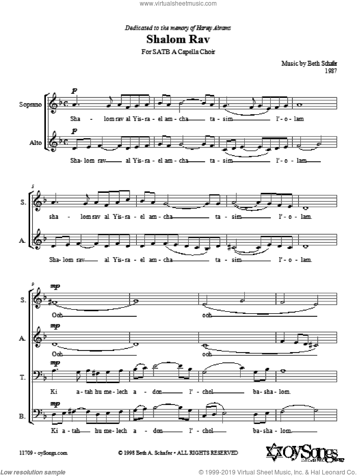 Shalom Rav sheet music for choir (SATB: soprano, alto, tenor, bass) by Beth Schafer, intermediate skill level