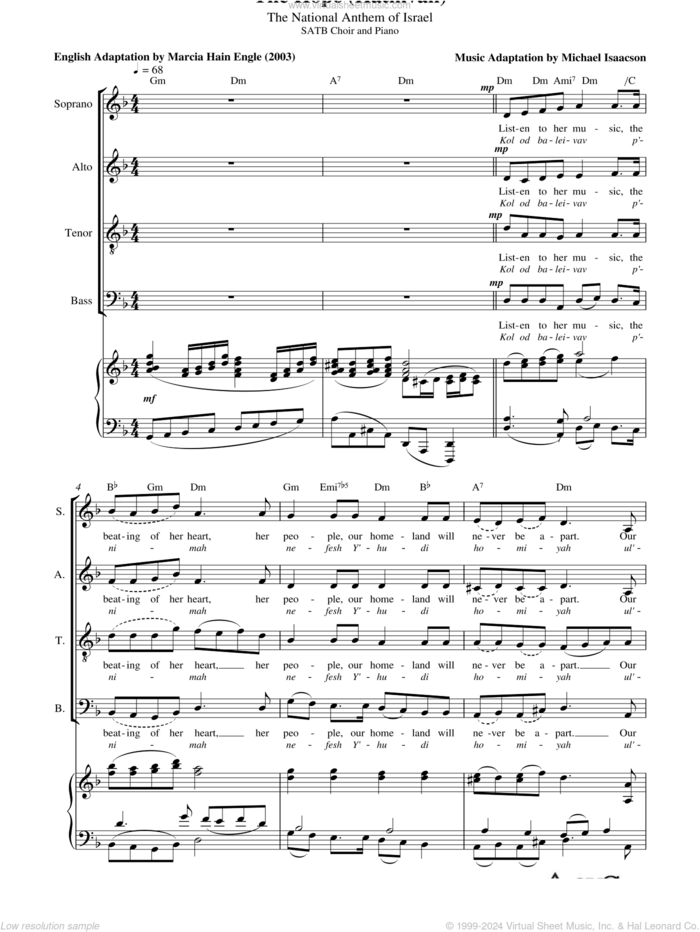 The Hope (Hatikvah) sheet music for choir (SATB: soprano, alto, tenor, bass) by Michael Isaacson and Marcia Hain Engle, intermediate skill level