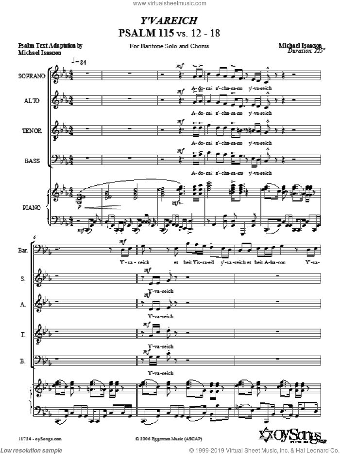 Y'vareich (Psalm 115) sheet music for choir (SATB: soprano, alto, tenor, bass) by Michael Isaacson, intermediate skill level