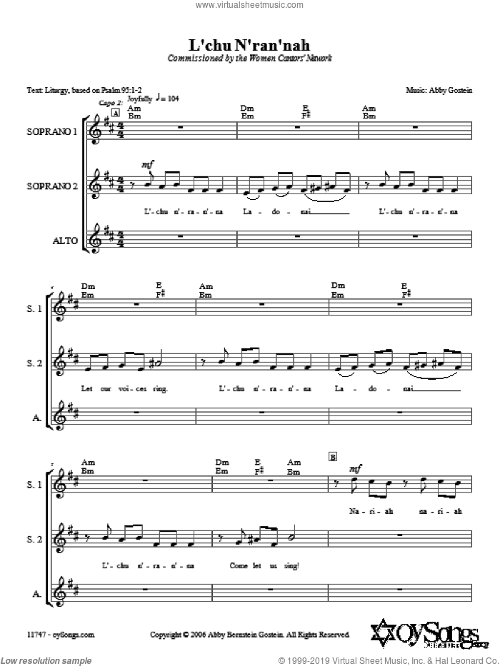 L'chu N'ran'nah sheet music for choir (SSA: soprano, alto) by Abby Gostein, intermediate skill level