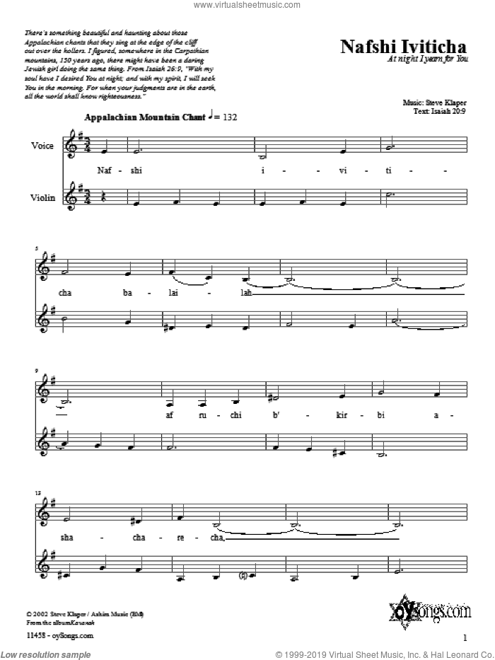 Nafshi Iviticha sheet music for choir (violin) by Steve Klaper, intermediate skill level