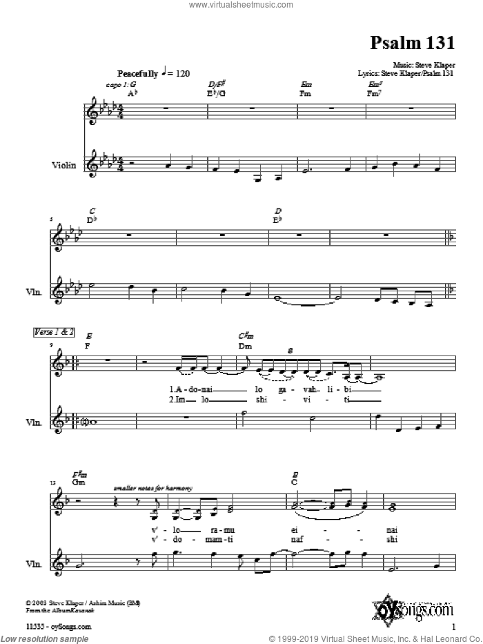 Psalm 131 sheet music for choir (violin) by Steve Klaper, intermediate skill level