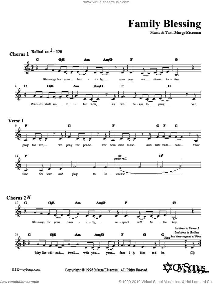 Family Blessing sheet music for voice and other instruments (fake book) by Marge Eiseman, intermediate skill level