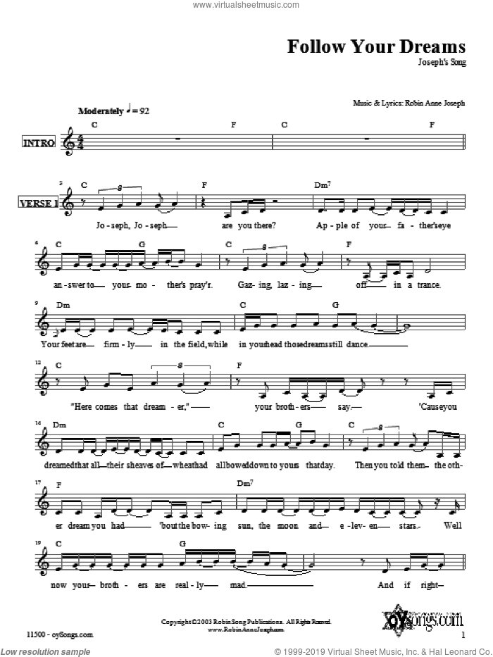 Follow Your Dreams (Joseph's Song) sheet music for voice and other instruments (fake book) by Robin Joseph, intermediate skill level