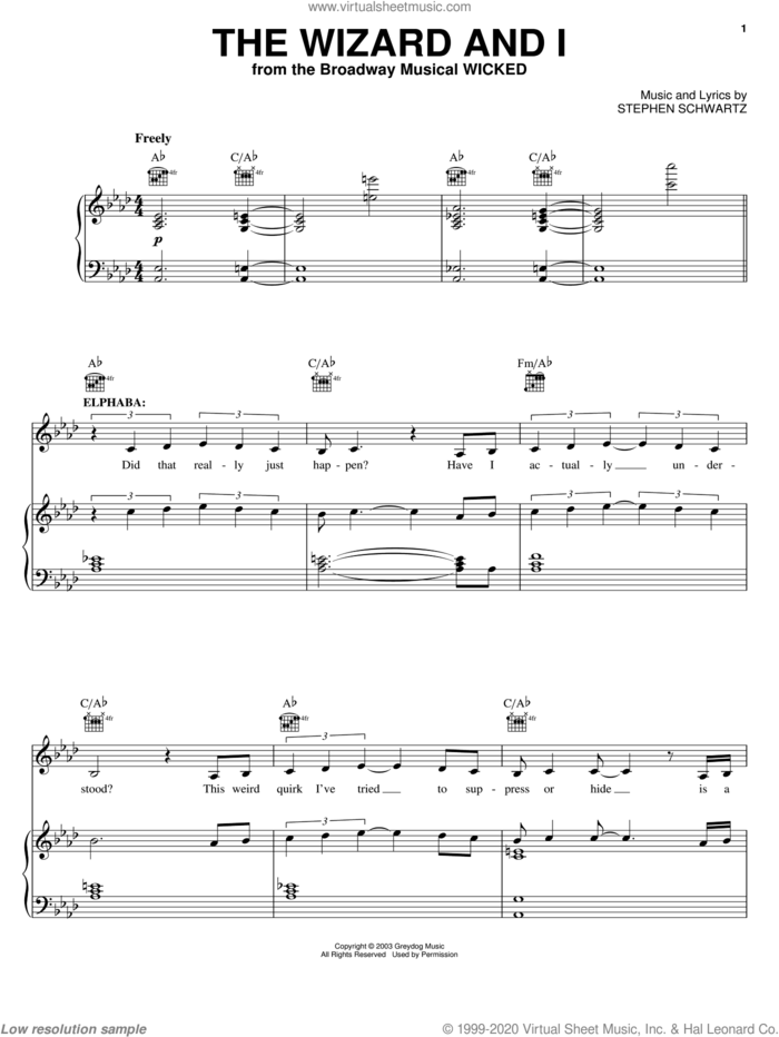The Wizard And I (from Wicked) sheet music for voice, piano or guitar by Stephen Schwartz and Wicked (Musical), intermediate skill level