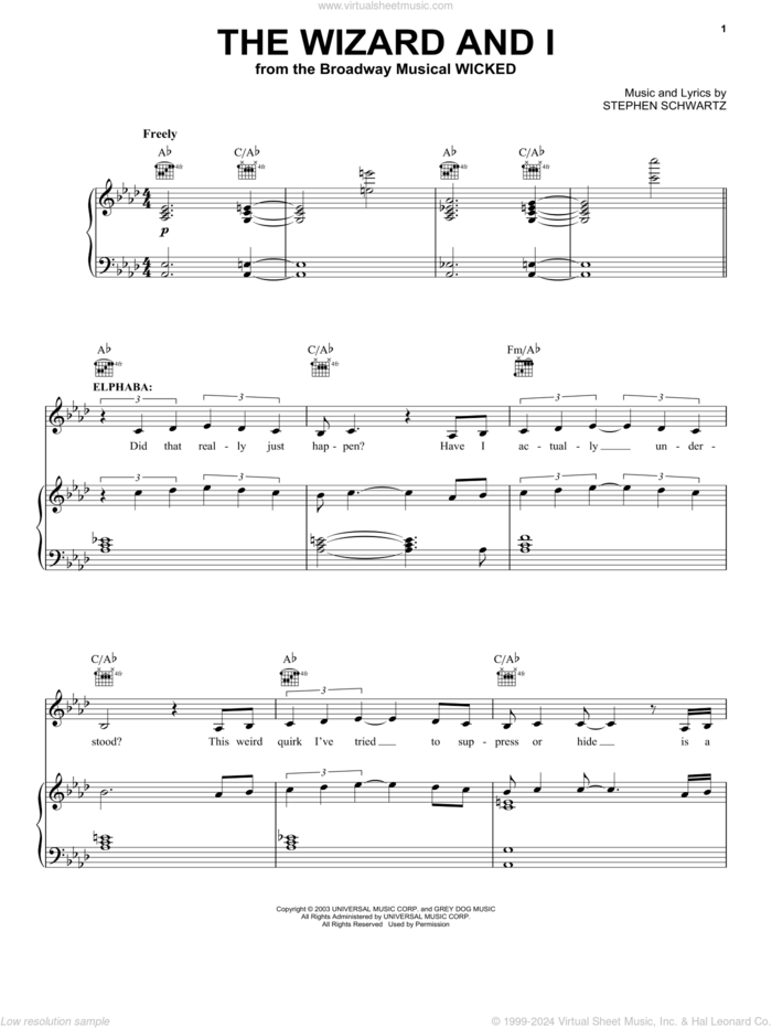 The Wizard And I (from Wicked) sheet music for voice, piano or guitar by Stephen Schwartz and Wicked (Musical), intermediate skill level