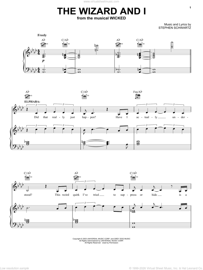 The Wizard And I (from Wicked) sheet music for voice, piano or guitar by Stephen Schwartz and Wicked (Musical), intermediate skill level