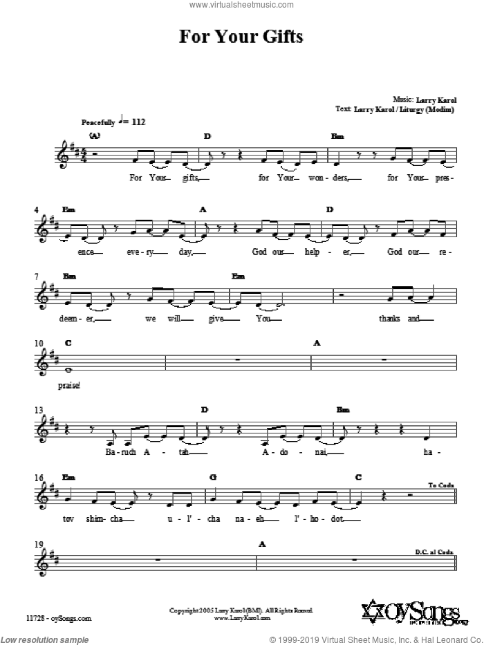 For Your Gifts sheet music for voice and other instruments (fake book) by Larry Karol, intermediate skill level