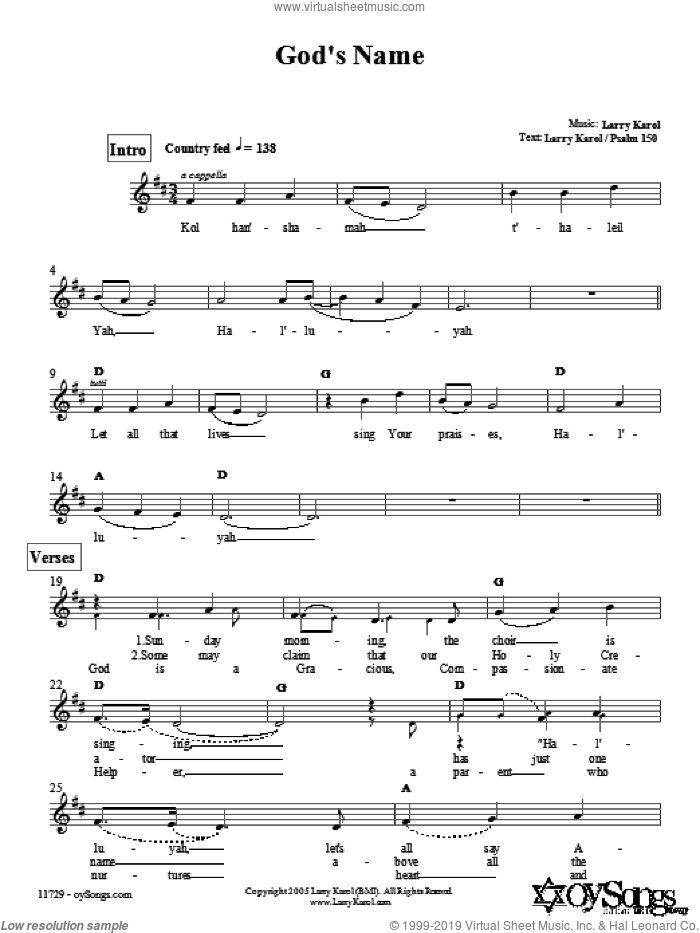 God's Name sheet music for voice and other instruments (fake book) by Larry Karol, intermediate skill level