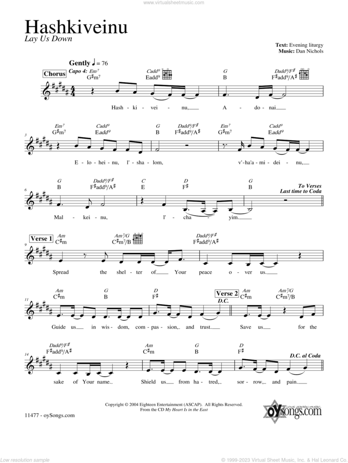 Hashkiveinu sheet music for voice and other instruments (fake book) by Dan Nichols, intermediate skill level