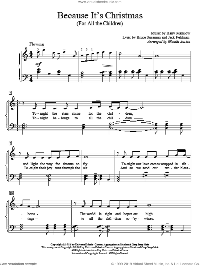 Because It's Christmas (For All The Children) sheet music for piano solo (elementary) by Barry Manilow, Bruce Sussman and Jack Feldman, beginner piano (elementary)