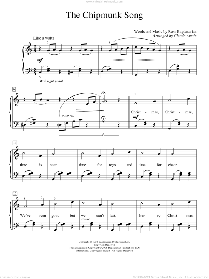 The Chipmunk Song (arr. Carolyn C. Setliff) sheet music for piano solo (elementary) by Alvin And The Chipmunks, Glenda Austin and Ross Bagdasarian, beginner piano (elementary)