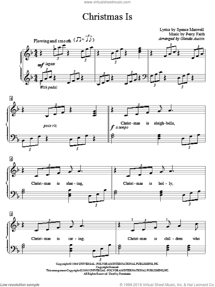 Christmas Is sheet music for piano solo (elementary) by Percy Faith and Spence Maxwell, beginner piano (elementary)