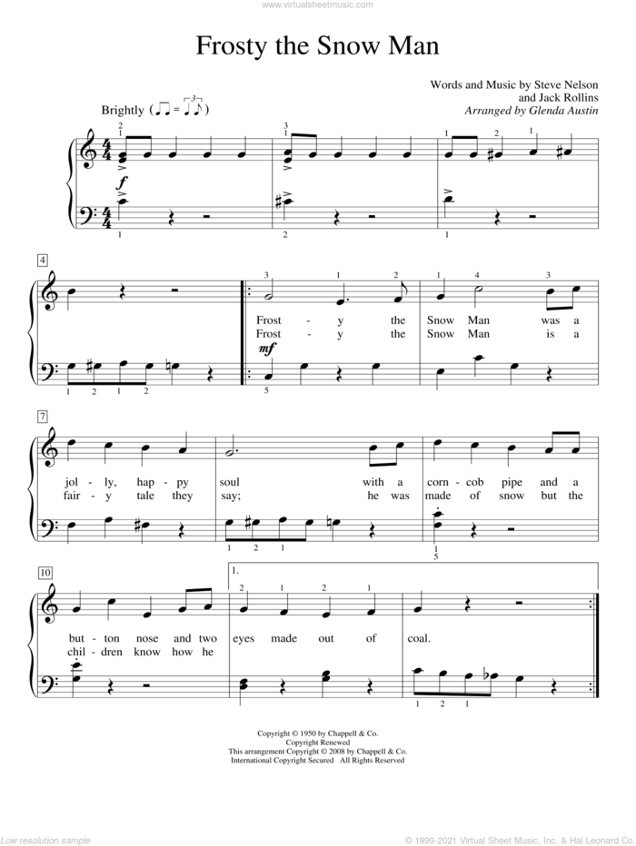 Frosty The Snow Man sheet music for piano solo (elementary) by Gene Autry, Glenda Austin, Jack Rollins and Steve Nelson, beginner piano (elementary)