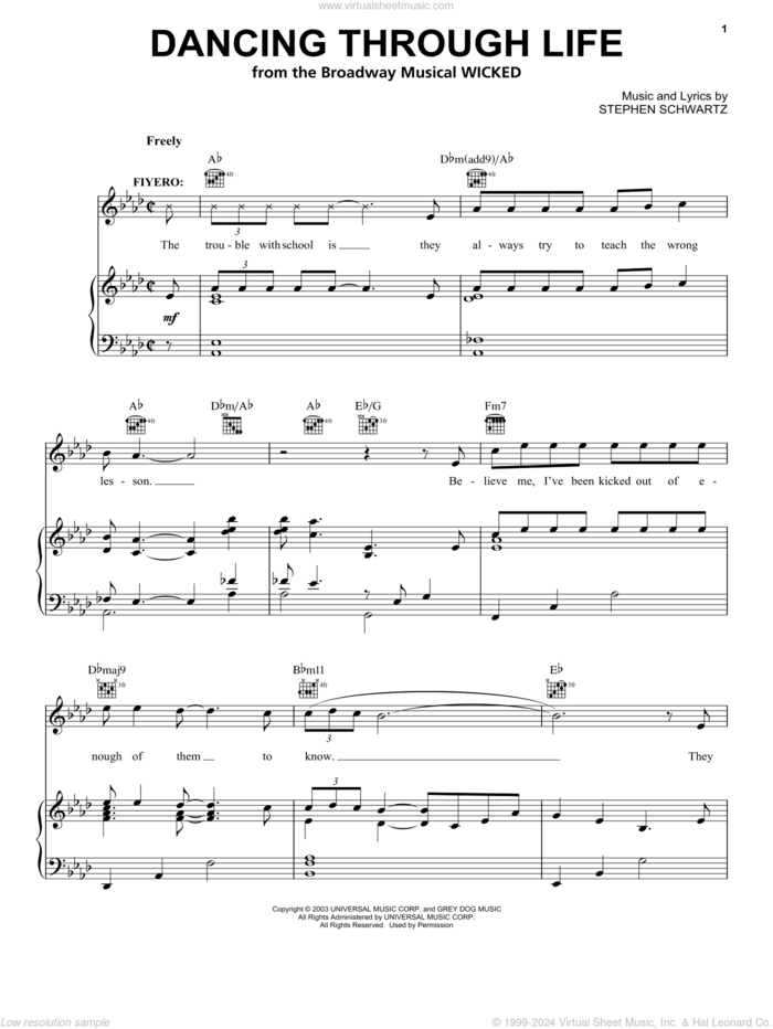 Dancing Through Life (from Wicked) sheet music for voice, piano or guitar by Stephen Schwartz and Wicked (Musical), intermediate skill level