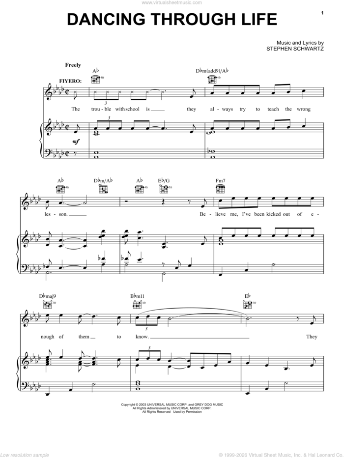 Dancing Through Life (from Wicked) sheet music for voice, piano or guitar by Stephen Schwartz and Wicked (Musical), intermediate skill level