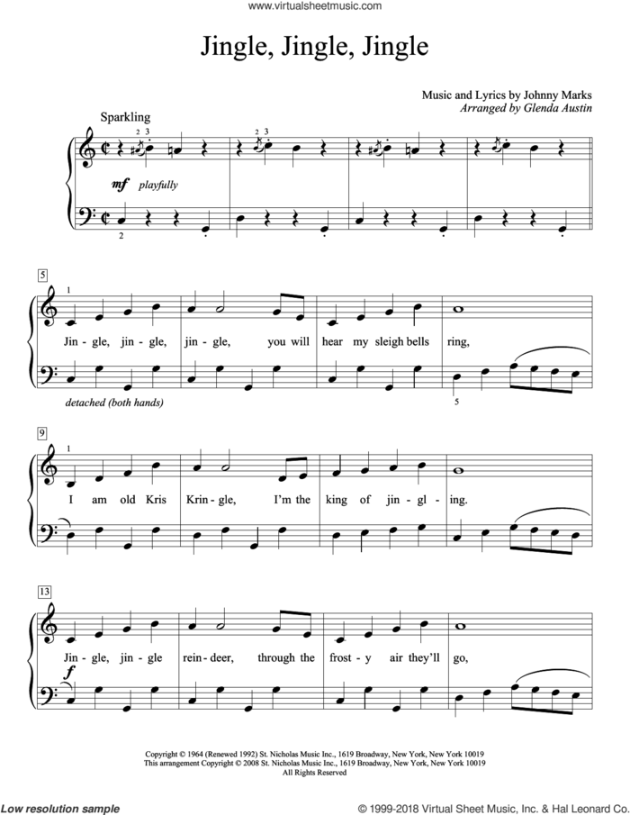 Jingle, Jingle, Jingle, (beginner) sheet music for piano solo (elementary) by Johnny Marks, beginner piano (elementary)