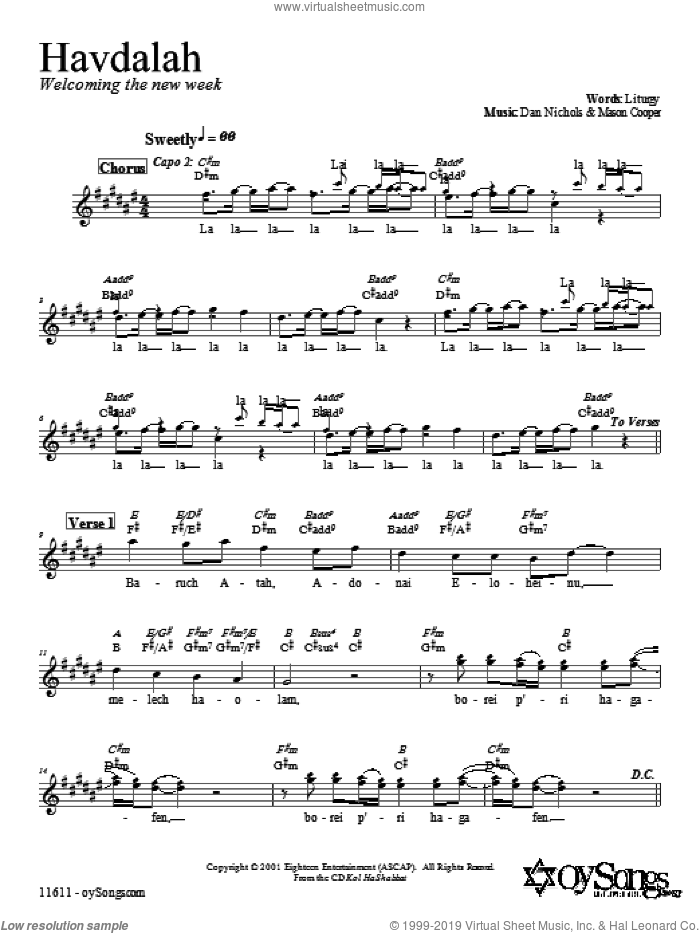 Havdalah sheet music for voice and other instruments (fake book) by Dan Nichols, intermediate skill level