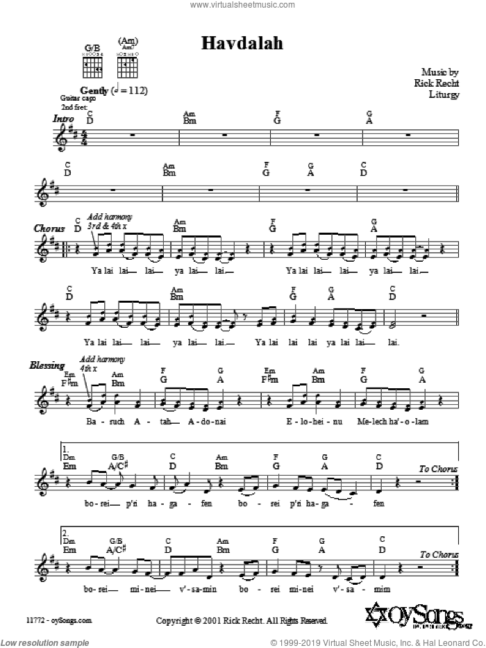 Havdalah sheet music for voice and other instruments (fake book) by Rick Recht, intermediate skill level