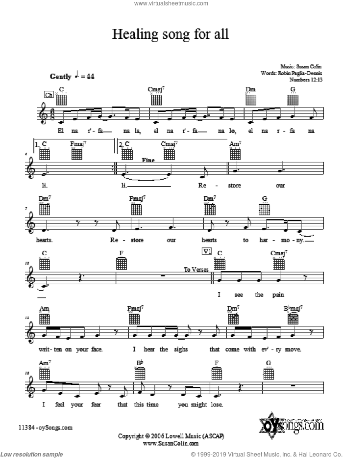 Healing Song For All sheet music for voice and other instruments (fake book) by Susan Colin, intermediate skill level