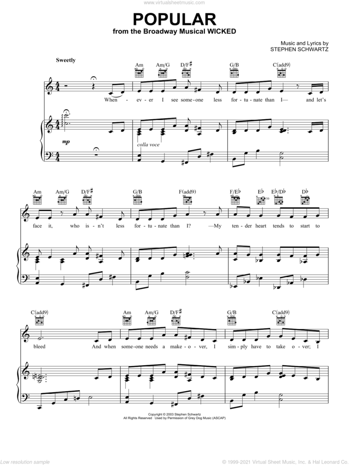 Popular (from Wicked) sheet music for voice, piano or guitar by Stephen Schwartz and Wicked (Musical), intermediate skill level