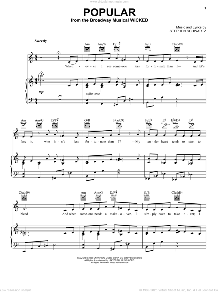 Popular (from Wicked) sheet music for voice, piano or guitar by Stephen Schwartz and Wicked (Musical), intermediate skill level