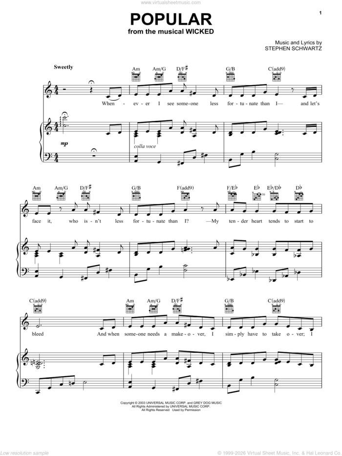 Popular (from Wicked) sheet music for voice, piano or guitar by Stephen Schwartz and Wicked (Musical), intermediate skill level
