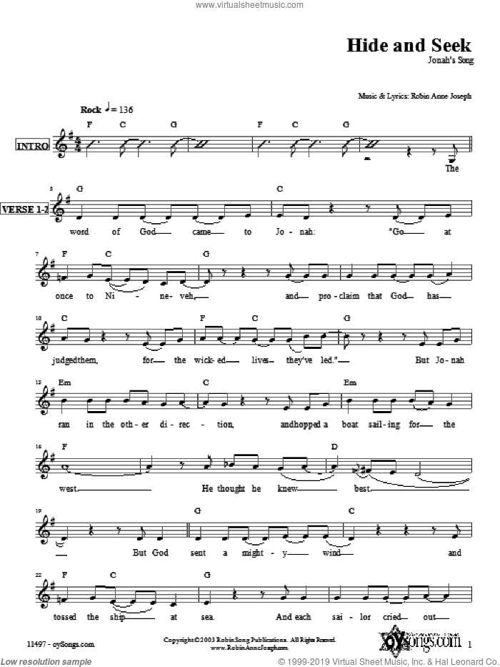 Hide and Seek (Jonah's Song) sheet music for voice and other instruments (fake book) by Robin Joseph, intermediate skill level