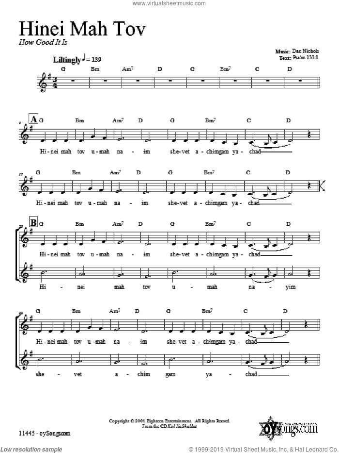 Hinei Mah Tov sheet music for voice and other instruments (fake book) by Dan Nichols, intermediate skill level