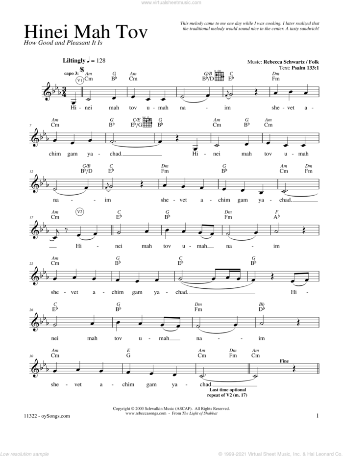 Hinei Mah Tov sheet music for voice and other instruments (fake book) by Rebecca Schwartz, intermediate skill level