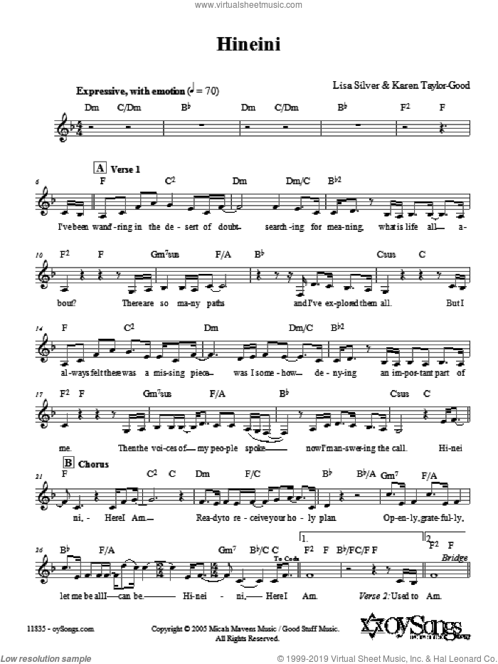 Hineini sheet music for voice and other instruments (fake book) by Lisa Silver, intermediate skill level