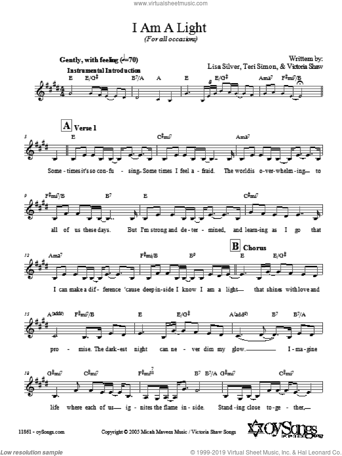 I Am A Light (For All Occasions) sheet music for voice and other instruments (fake book) by Lisa Silver, intermediate skill level