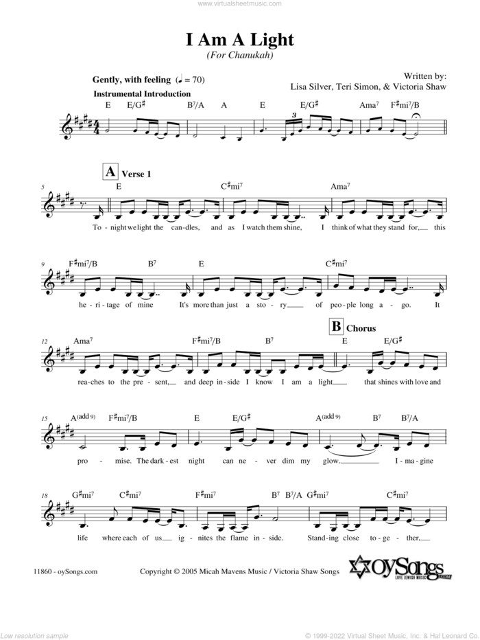 I Am A Light (For Chanukah) sheet music for voice and other instruments (fake book) by Lisa Silver, intermediate skill level