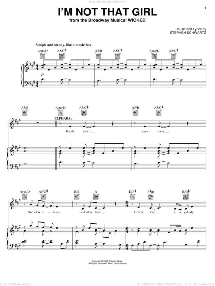 I'm Not That Girl (from Wicked) sheet music for voice, piano or guitar by Stephen Schwartz and Wicked (Musical), intermediate skill level