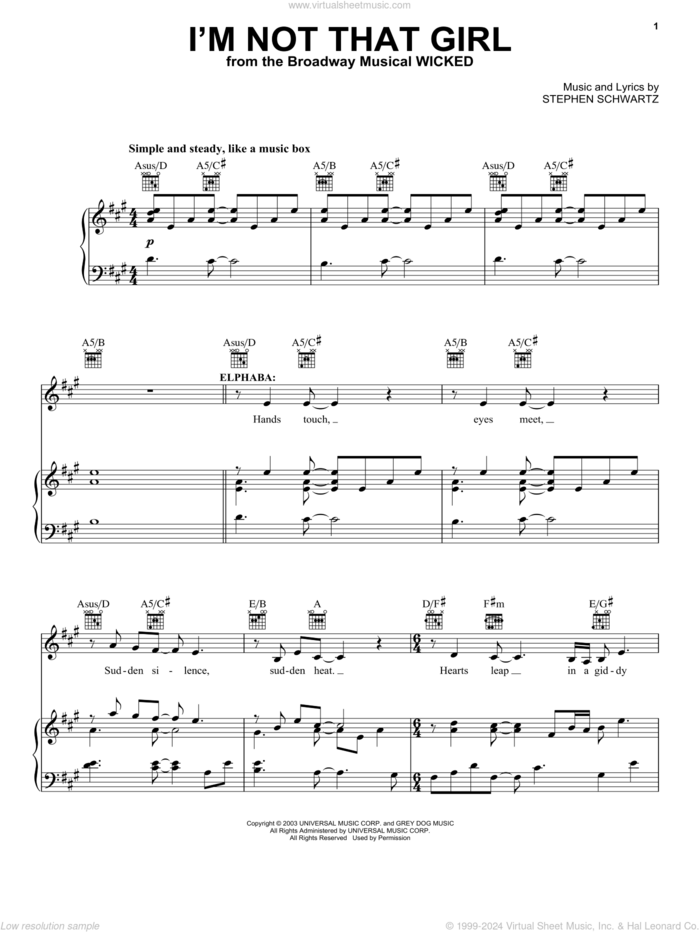 I'm Not That Girl (from Wicked) sheet music for voice, piano or guitar by Stephen Schwartz and Wicked (Musical), intermediate skill level