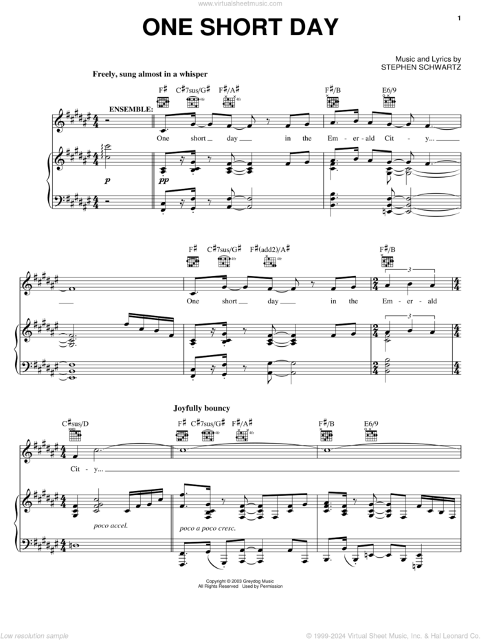 One Short Day (from Wicked) sheet music for voice, piano or guitar by Stephen Schwartz and Wicked (Musical), intermediate skill level