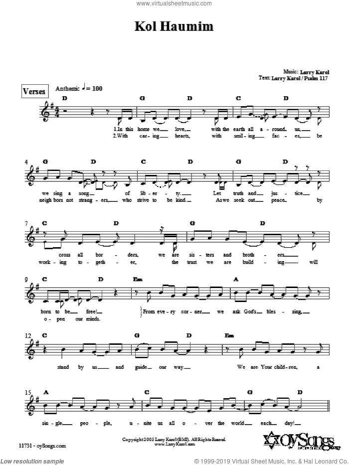 Kol Haumim sheet music for voice and other instruments (fake book) by Larry Karol, intermediate skill level