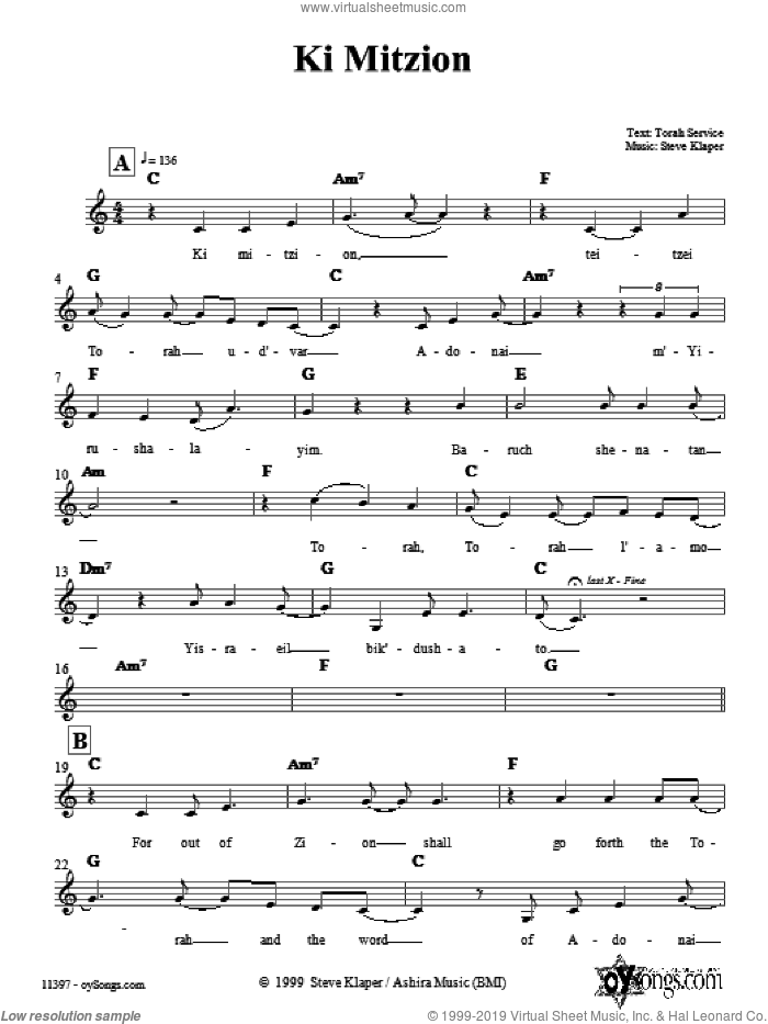 Ki Mitzion sheet music for voice and other instruments (fake book) by Steve Klaper, intermediate skill level