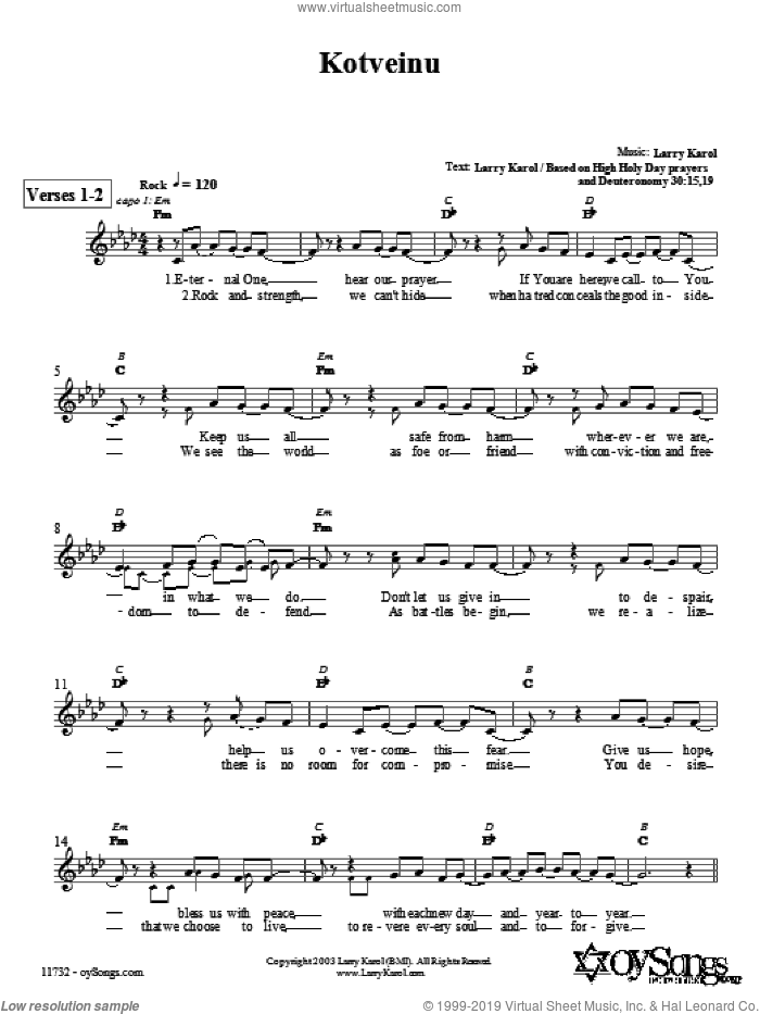Kotveinu sheet music for voice and other instruments (fake book) by Larry Karol, intermediate skill level