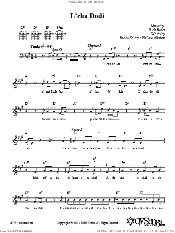 L'cha Dodi sheet music for voice and other instruments (fake book) by Rick Recht, intermediate skill level