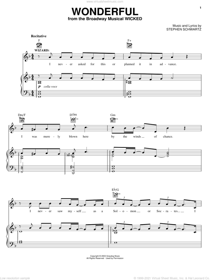Wonderful (from Wicked) sheet music for voice, piano or guitar by Stephen Schwartz and Wicked (Musical), intermediate skill level