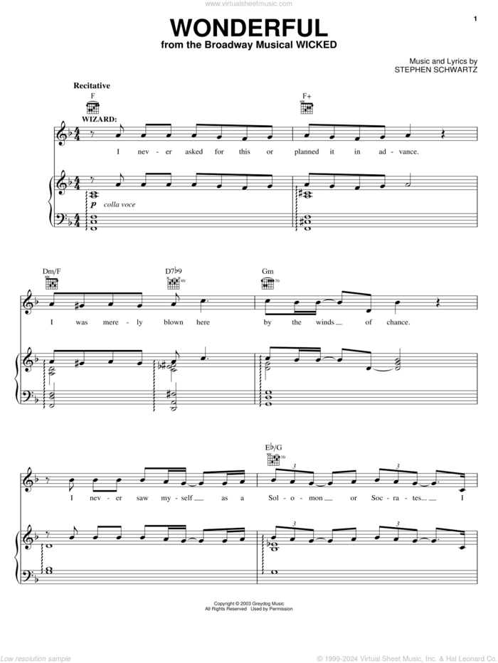 Wonderful (from Wicked) sheet music for voice, piano or guitar by Stephen Schwartz and Wicked (Musical), intermediate skill level