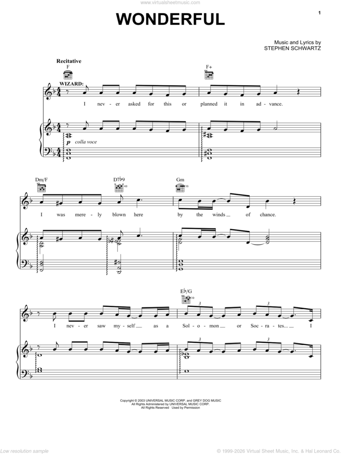 Wonderful (from Wicked) sheet music for voice, piano or guitar by Stephen Schwartz and Wicked (Musical), intermediate skill level