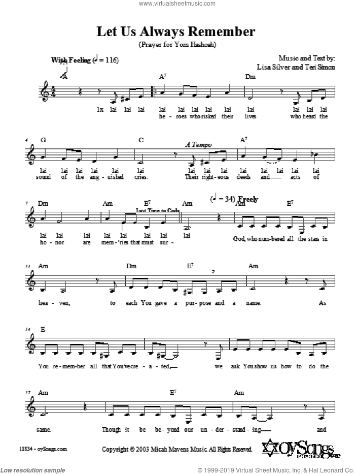 Let Us Always Remember (Prayer for Yom HaShoah) sheet music for voice and other instruments (fake book) by Lisa Silver, intermediate skill level